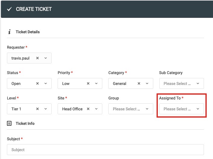 Ticket Assigned To - Ticket Creation